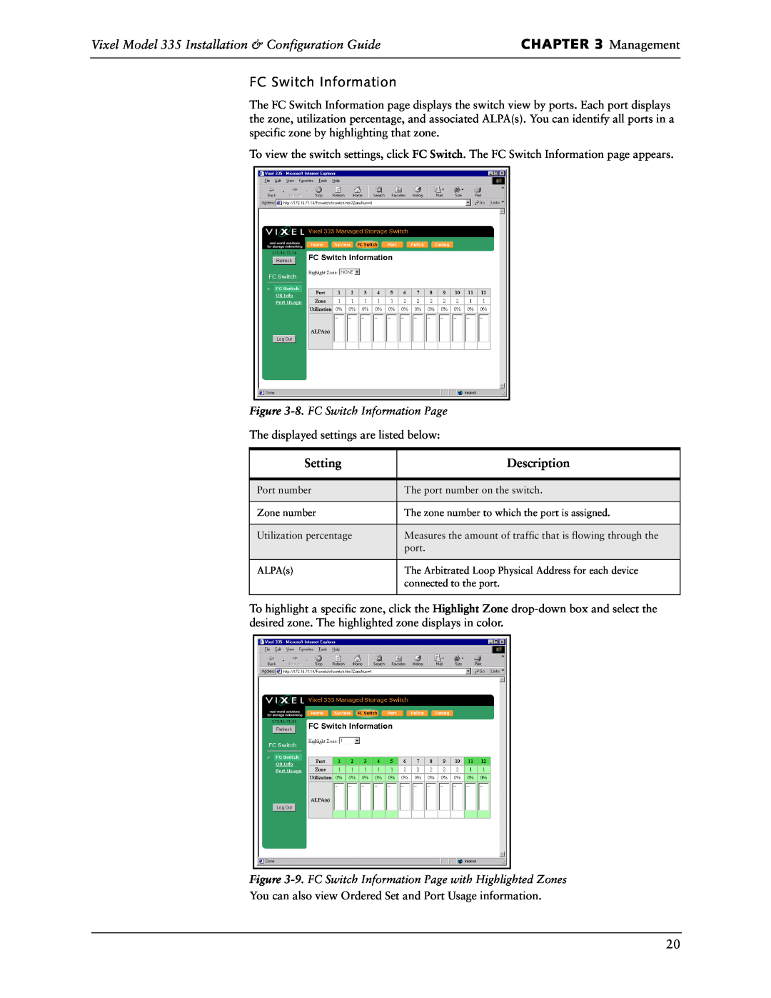 Vixel manual Management, FC Switch Information, Vixel Model 335 Installation & Configuration Guide, Setting, Description 