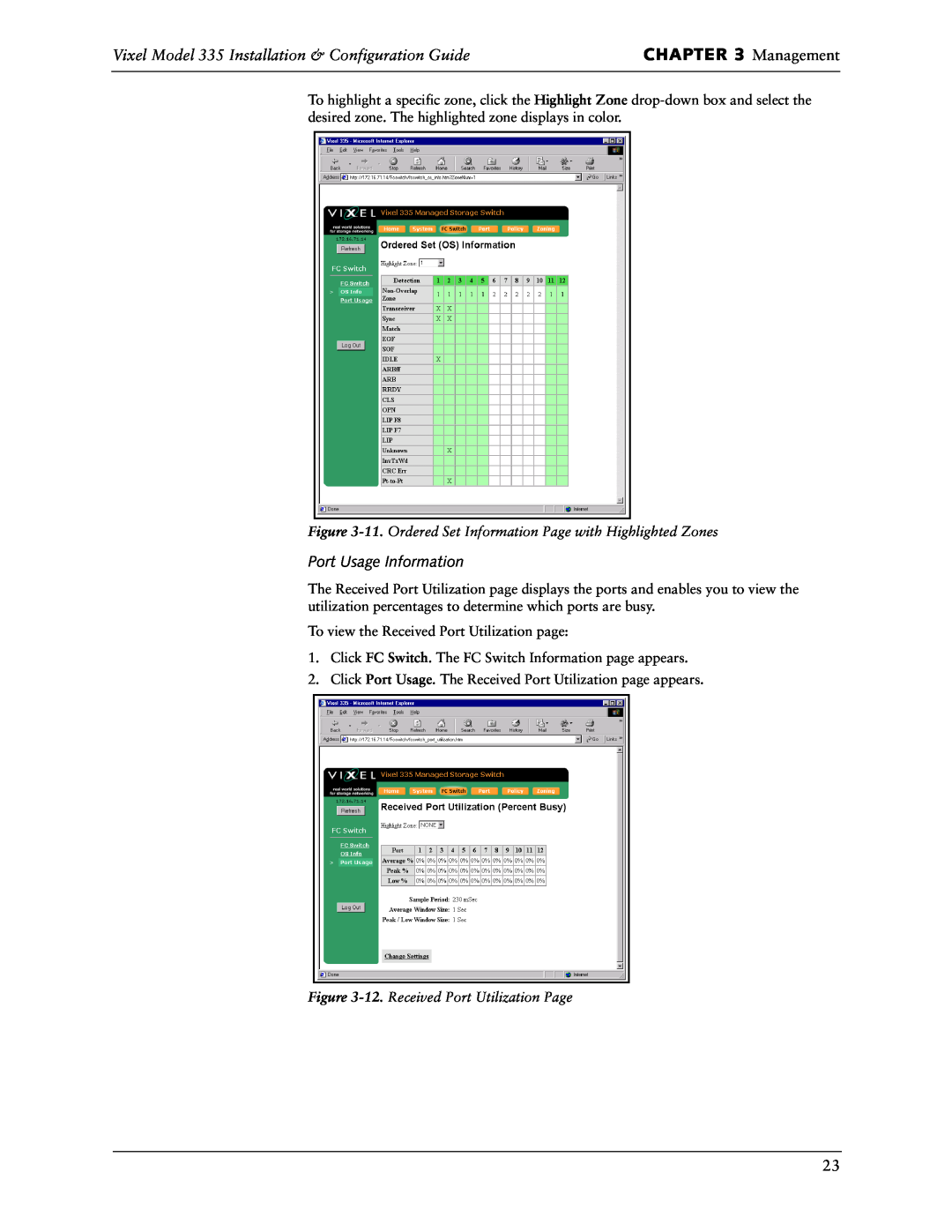 Vixel manual Management, Vixel Model 335 Installation & Configuration Guide, Port Usage Information 