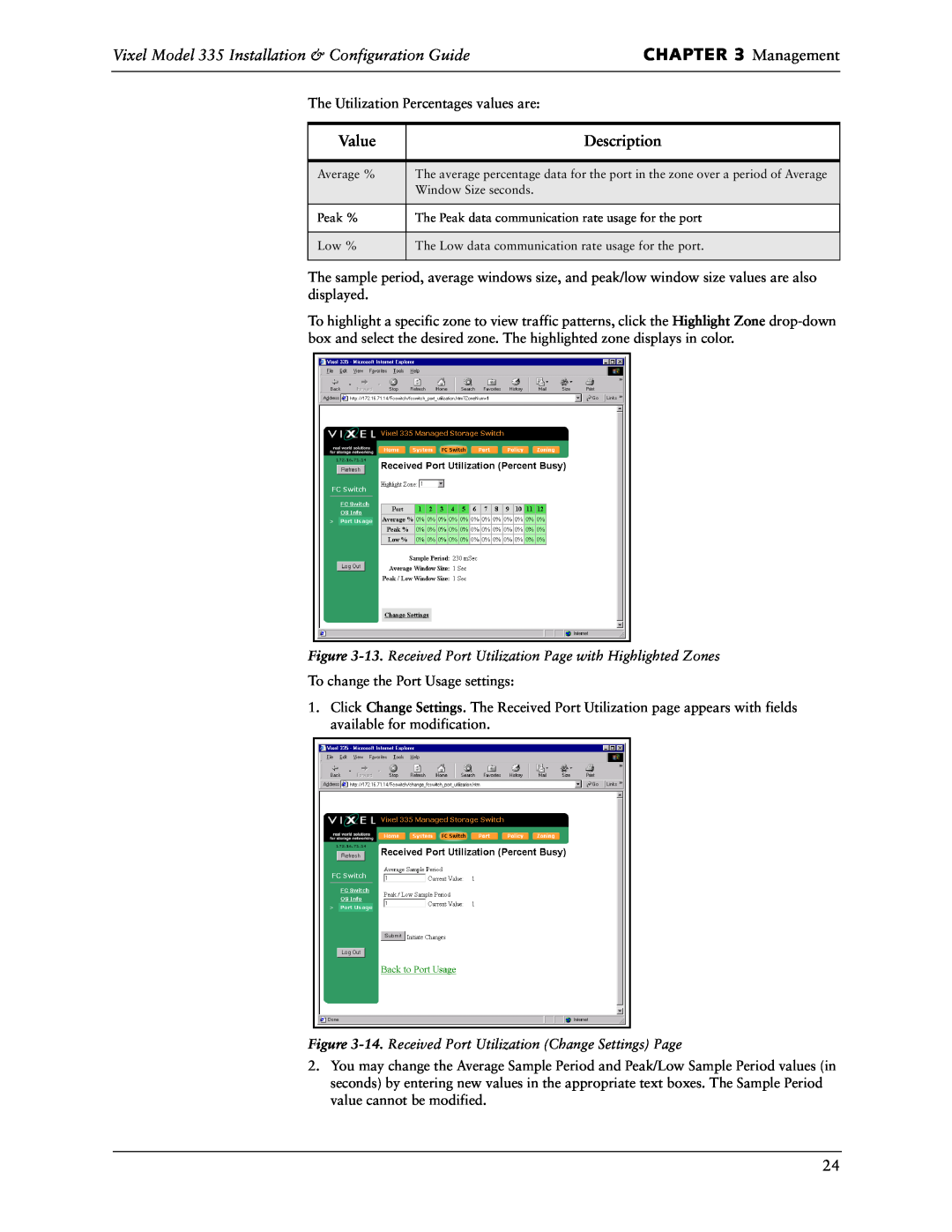 Vixel manual Management, Vixel Model 335 Installation & Configuration Guide, Value, Description 
