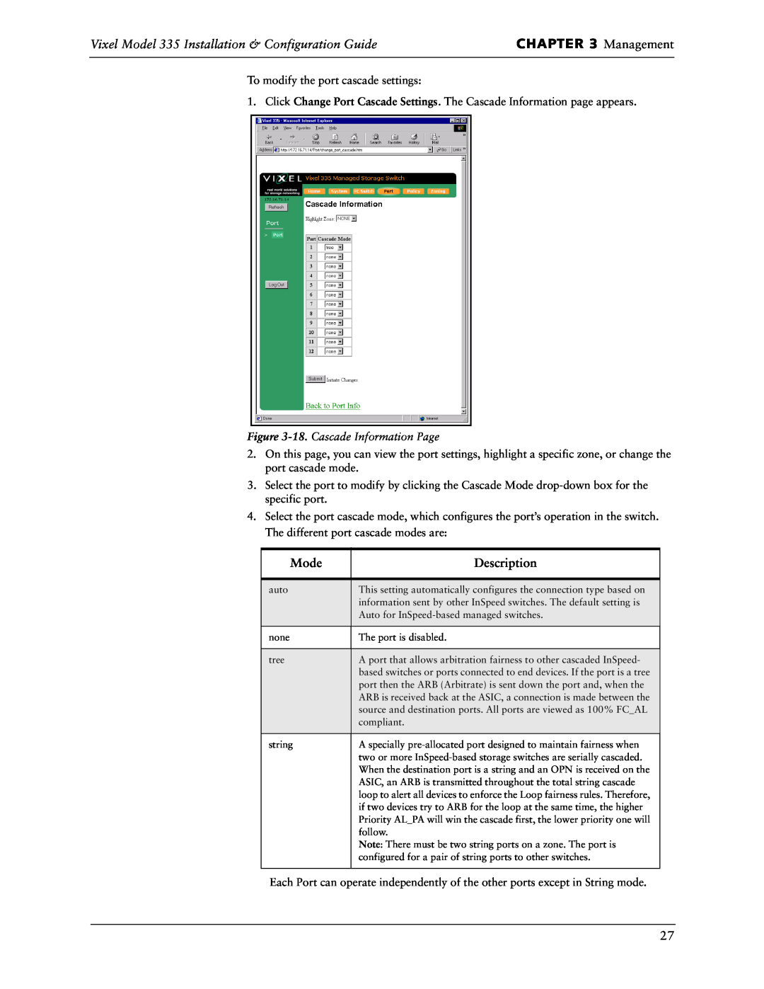 Vixel manual Management, Vixel Model 335 Installation & Configuration Guide, Description, 18. Cascade Information Page 