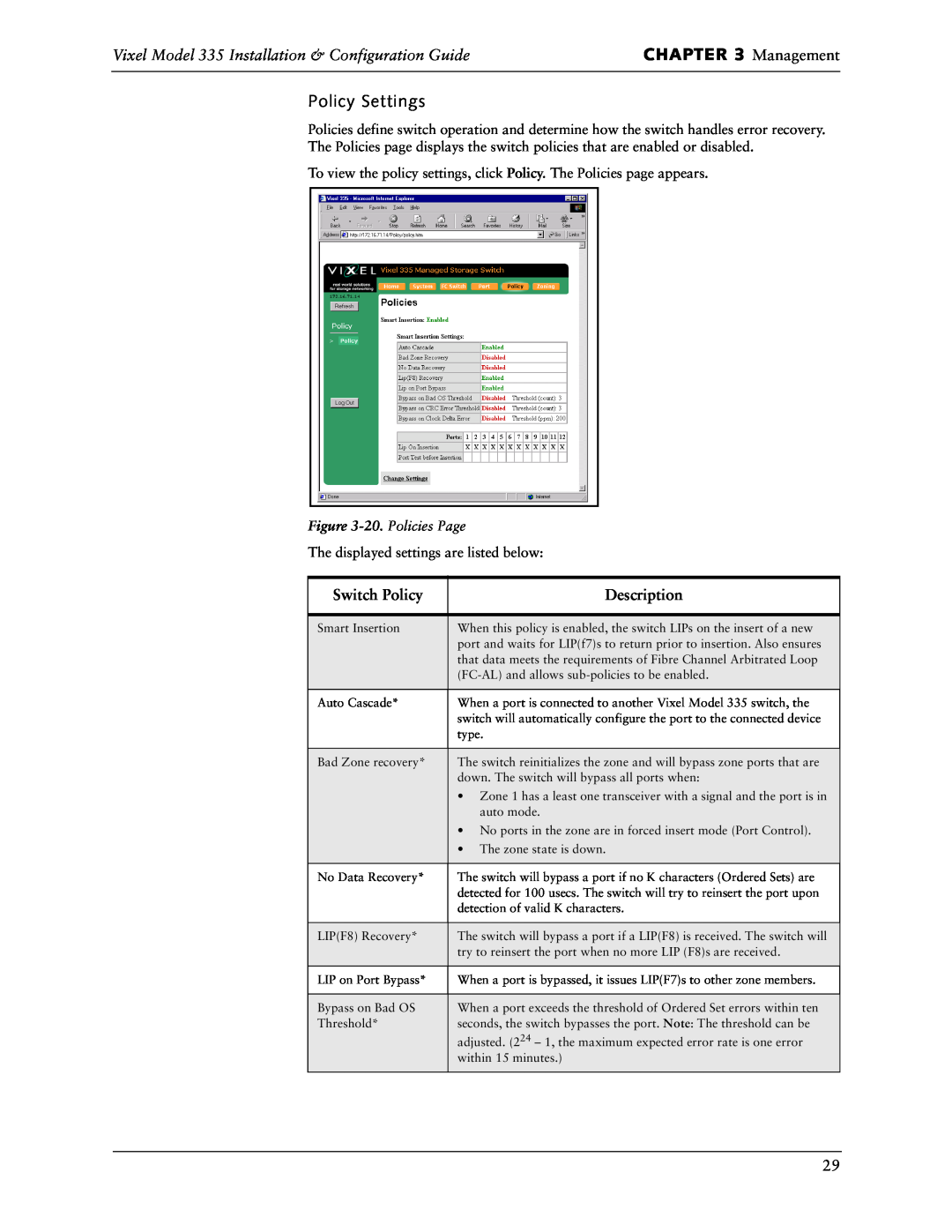 Vixel manual Management, Policy Settings, Vixel Model 335 Installation & Configuration Guide, Switch Policy, Description 