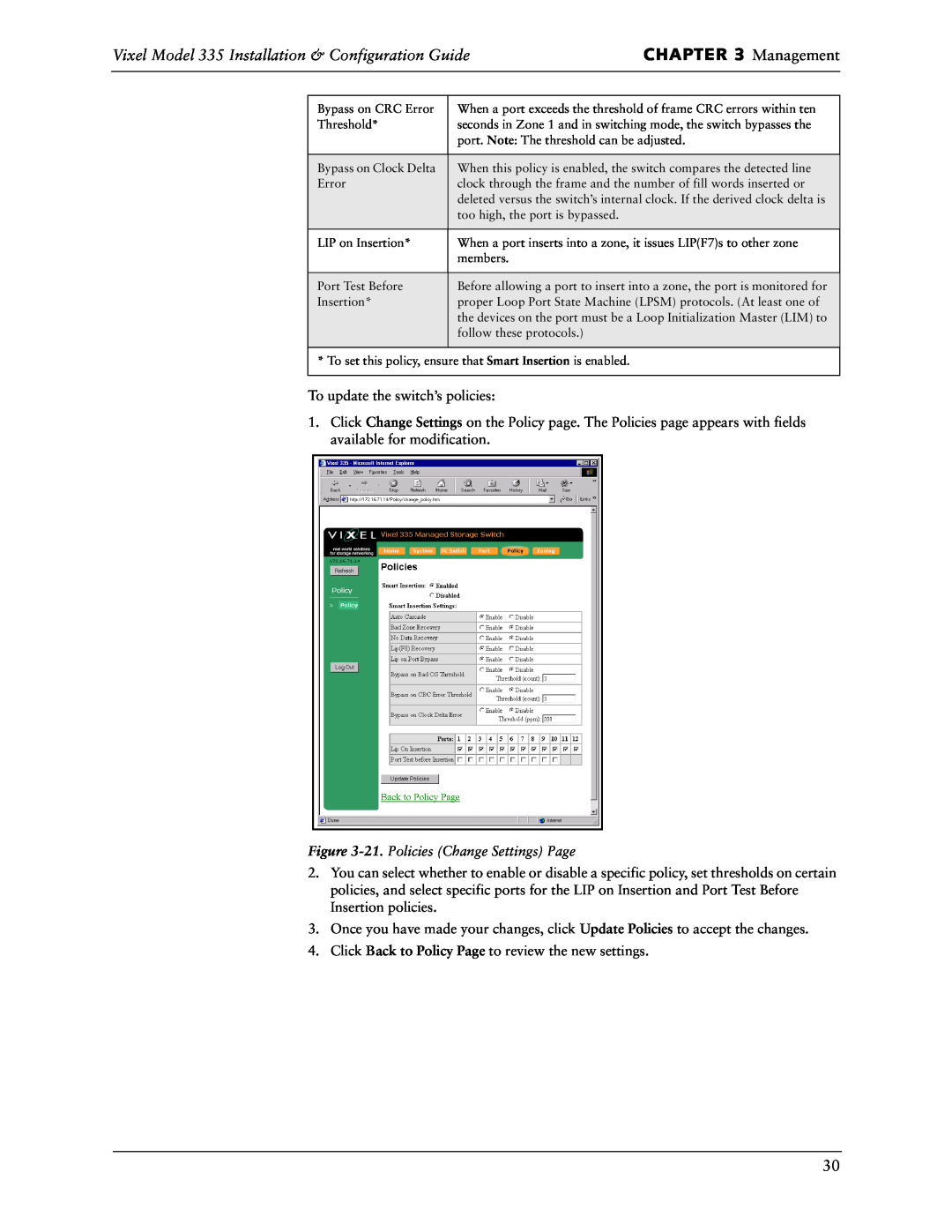 Vixel manual Management, Vixel Model 335 Installation & Configuration Guide, To update the switch’s policies 