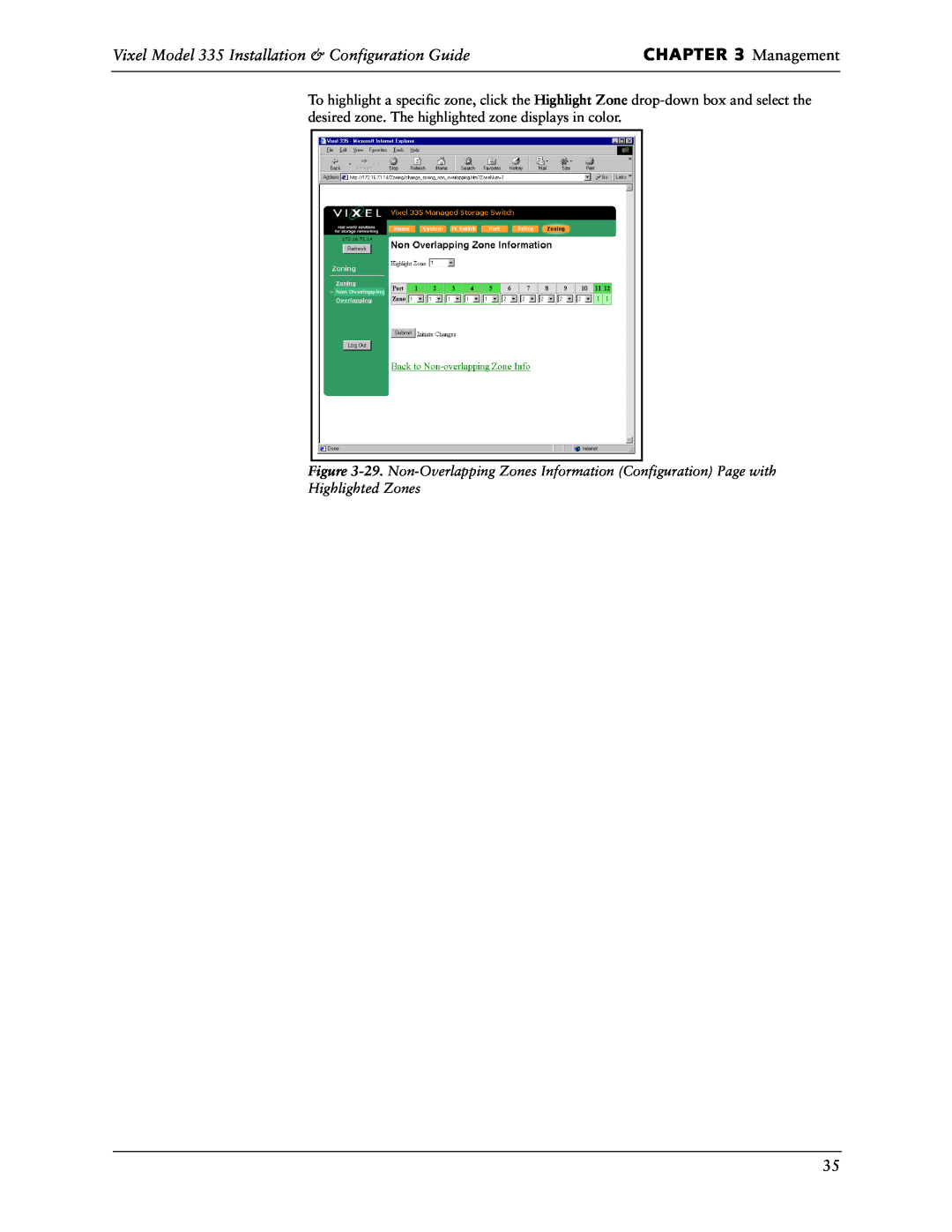 Vixel manual Management, Vixel Model 335 Installation & Configuration Guide, Highlighted Zones 