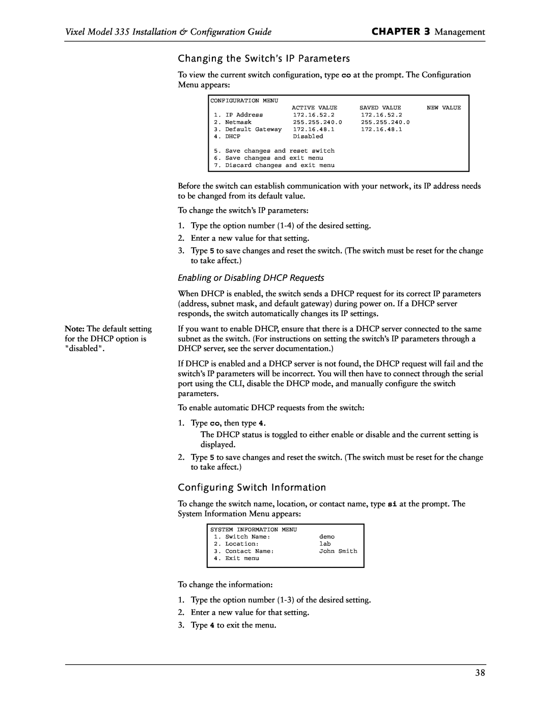 Vixel 335 manual Management, Changing the Switch’s IP Parameters, Configuring Switch Information 