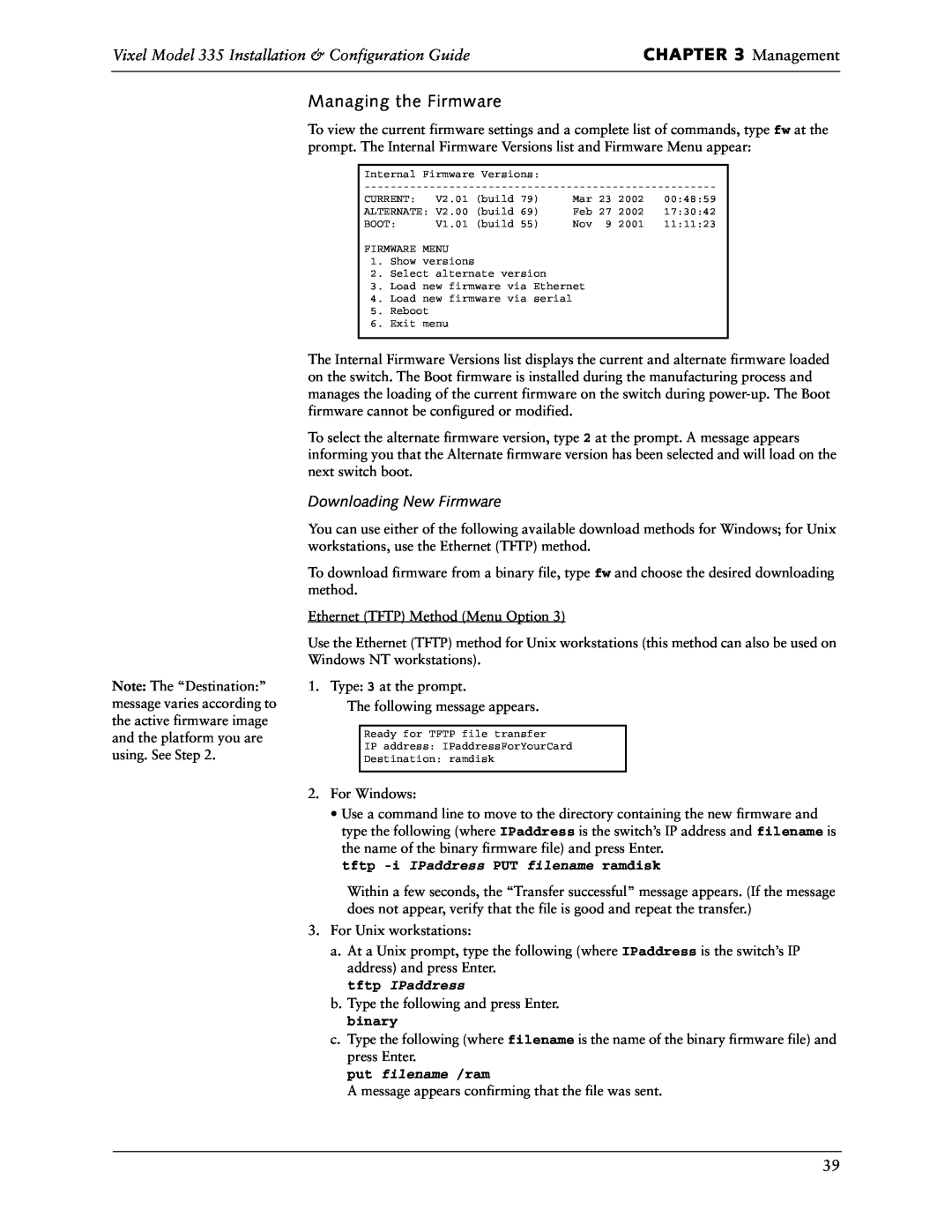 Vixel Management, Managing the Firmware, Vixel Model 335 Installation & Configuration Guide, Downloading New Firmware 