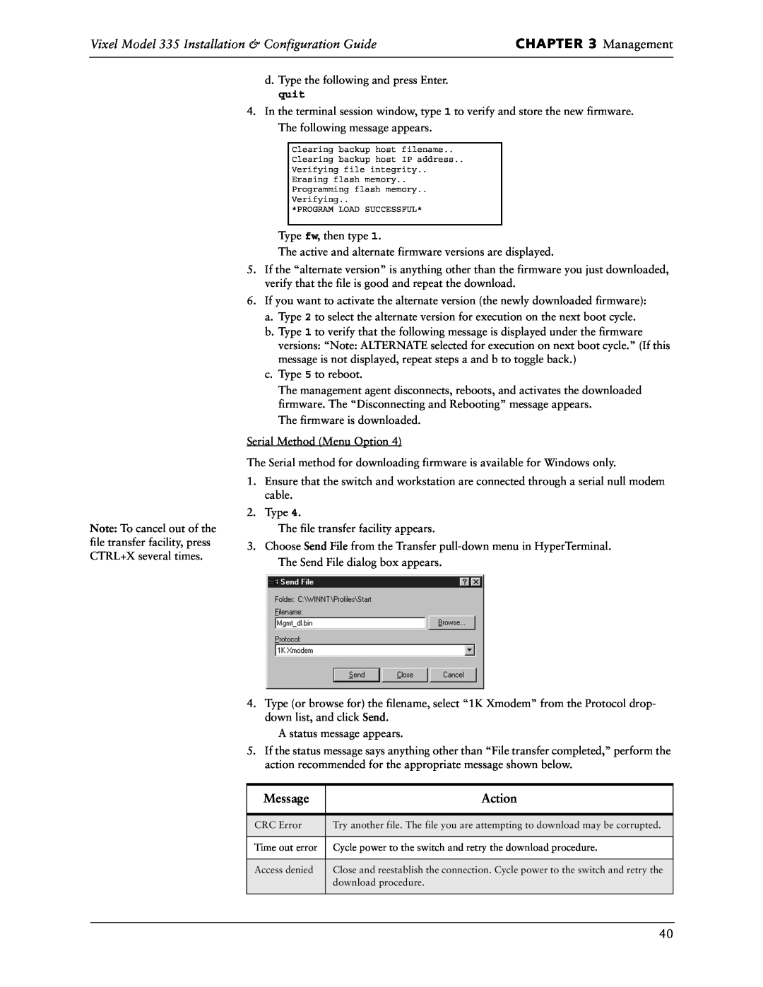 Vixel manual Management, Vixel Model 335 Installation & Configuration Guide, Message, Action 