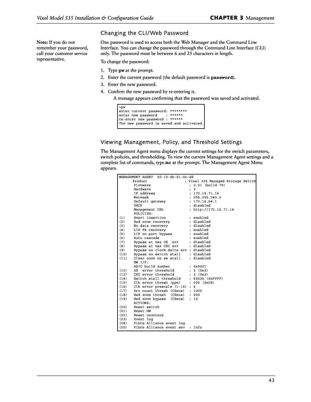 Vixel 335 manual Changing the CLI/Web Password, Viewing Management, Policy, and Threshold Settings 