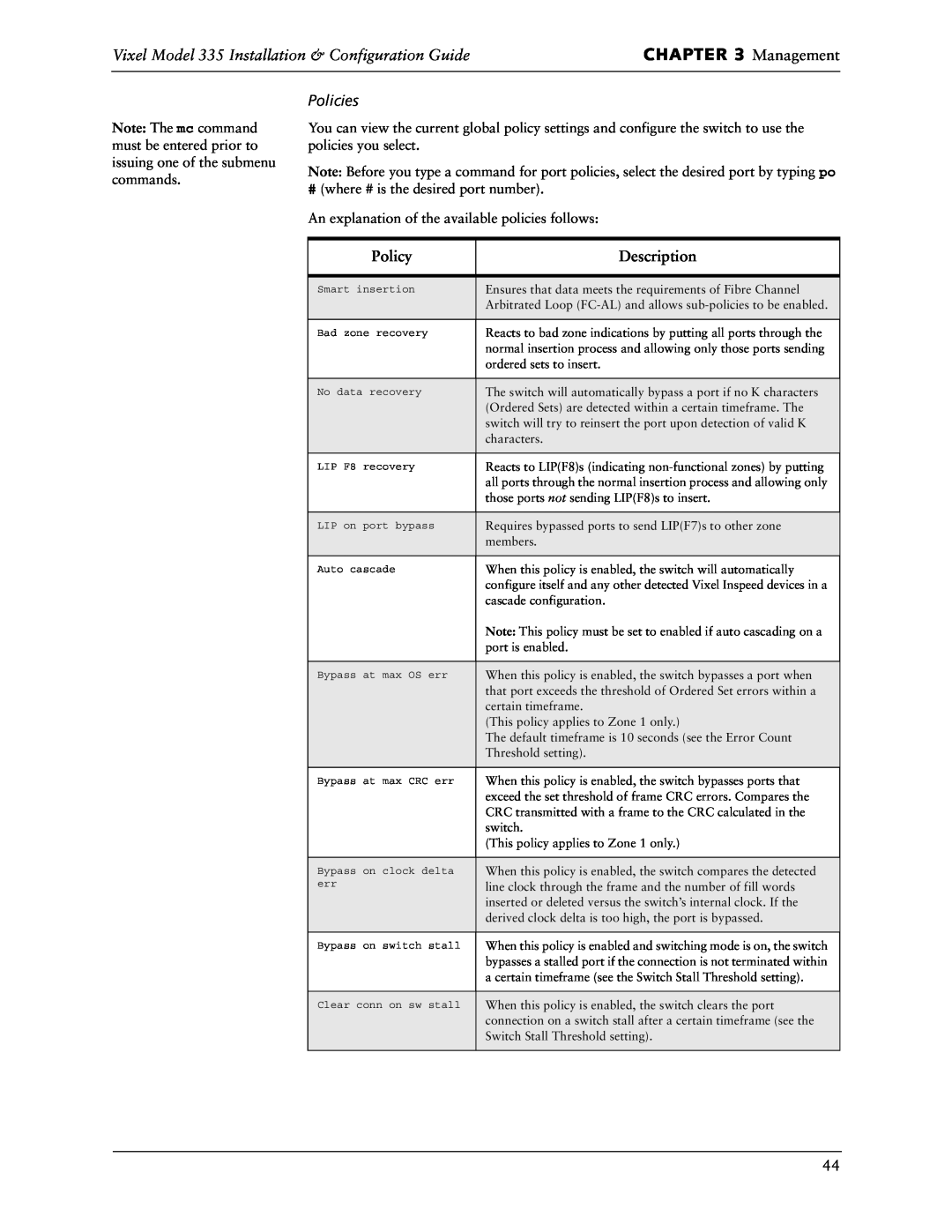 Vixel manual Management, Vixel Model 335 Installation & Configuration Guide, Policies, Policy, Description 