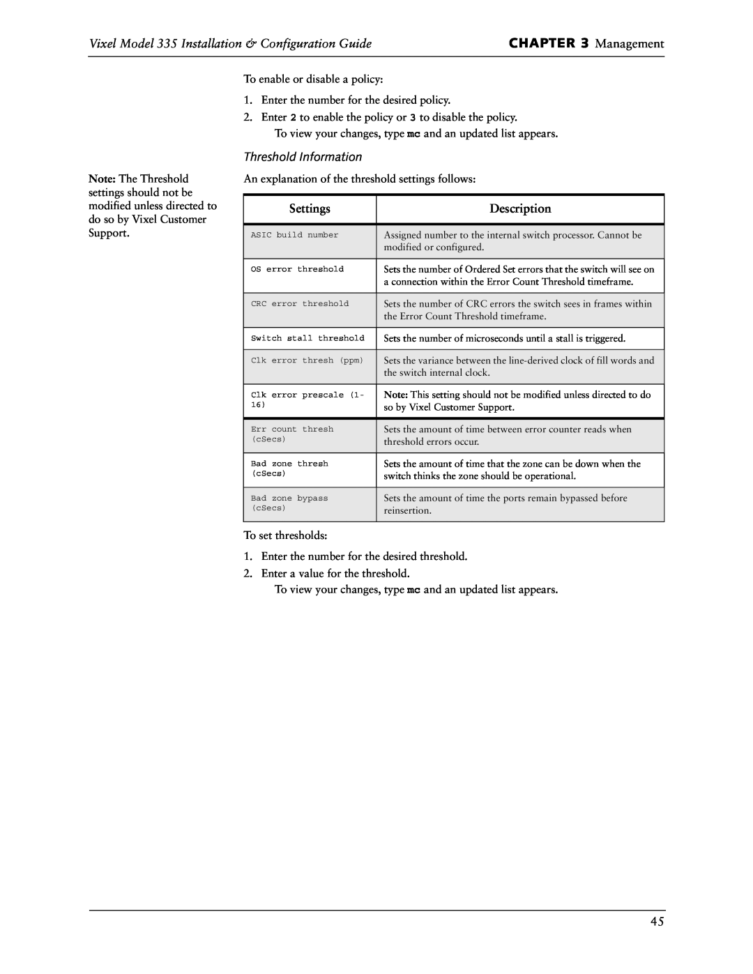 Vixel Management, Vixel Model 335 Installation & Configuration Guide, Threshold Information, Settings, Description 