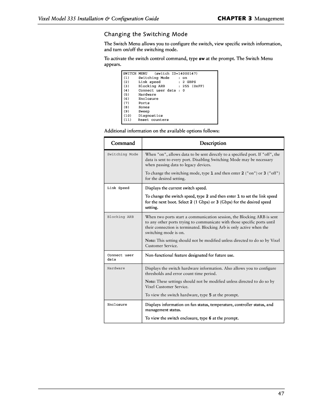 Vixel Management, Changing the Switching Mode, Vixel Model 335 Installation & Configuration Guide, Command, Description 