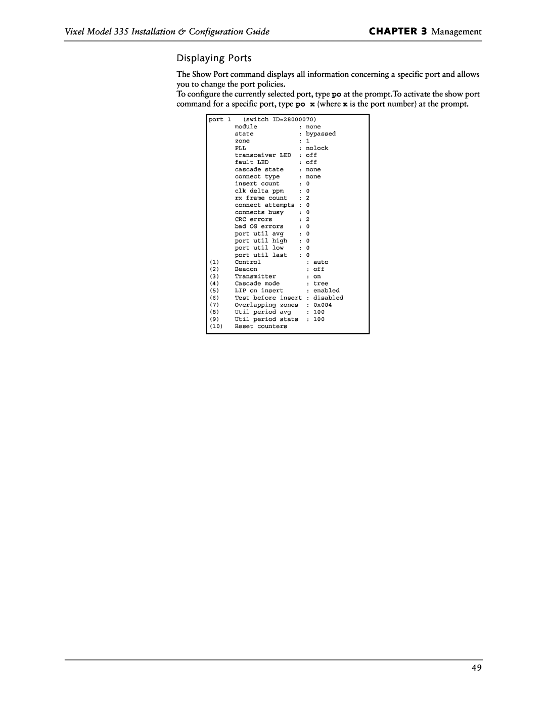 Vixel manual Management, Displaying Ports, Vixel Model 335 Installation & Configuration Guide 