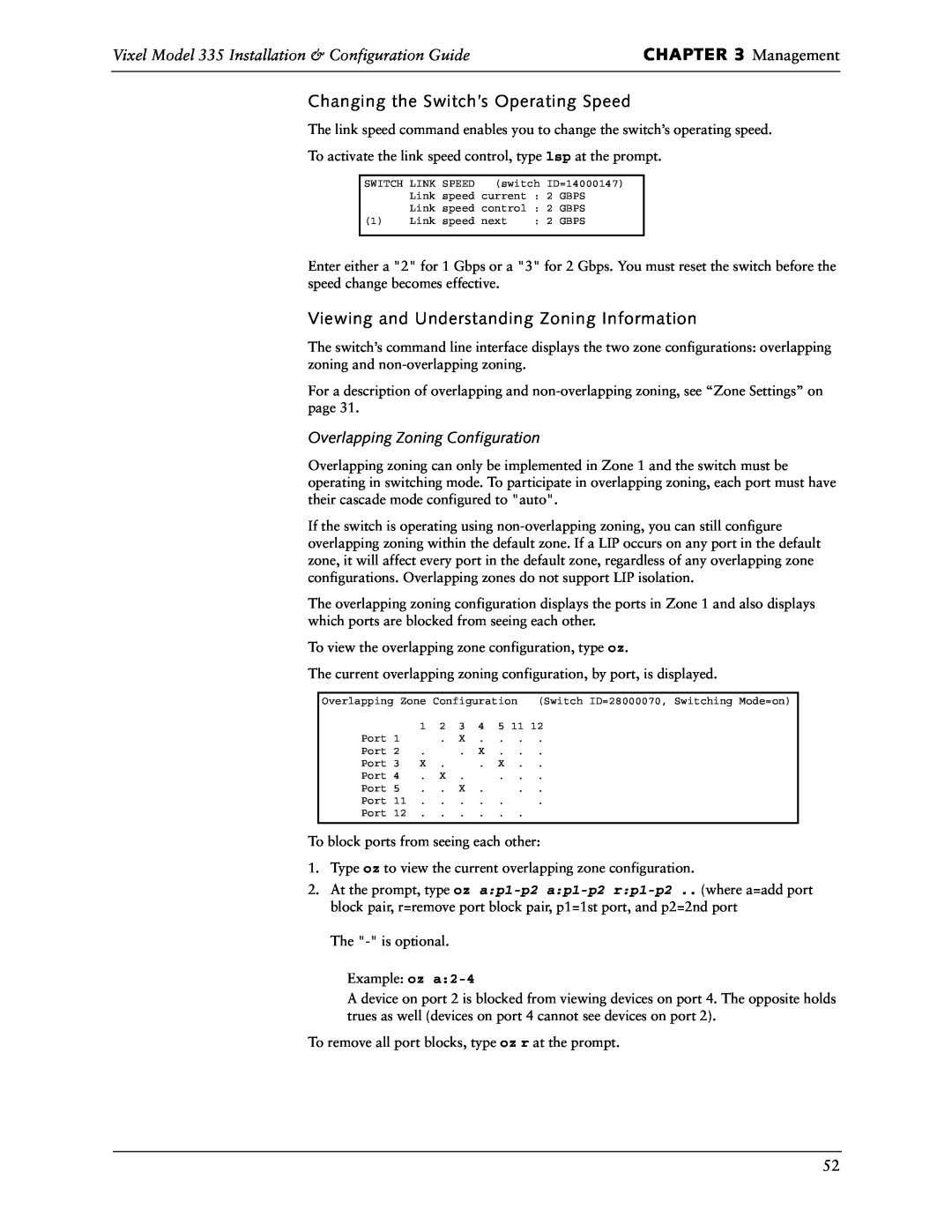 Vixel 335 manual Management, Changing the Switch’s Operating Speed, Viewing and Understanding Zoning Information 