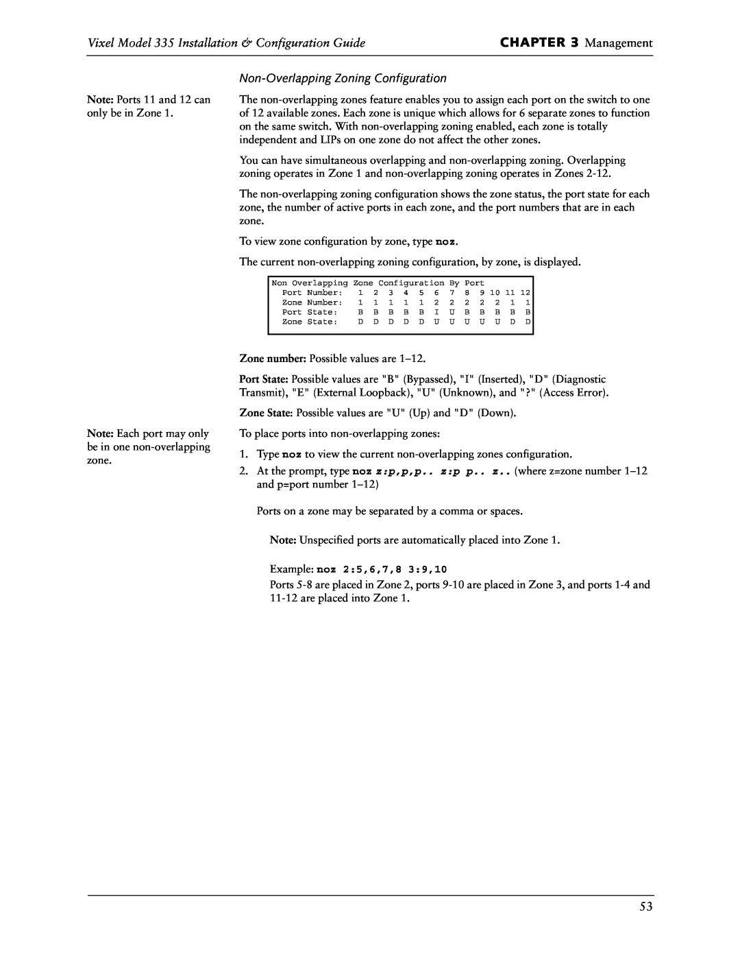 Vixel manual Management, Vixel Model 335 Installation & Configuration Guide, Non-Overlapping Zoning Configuration 