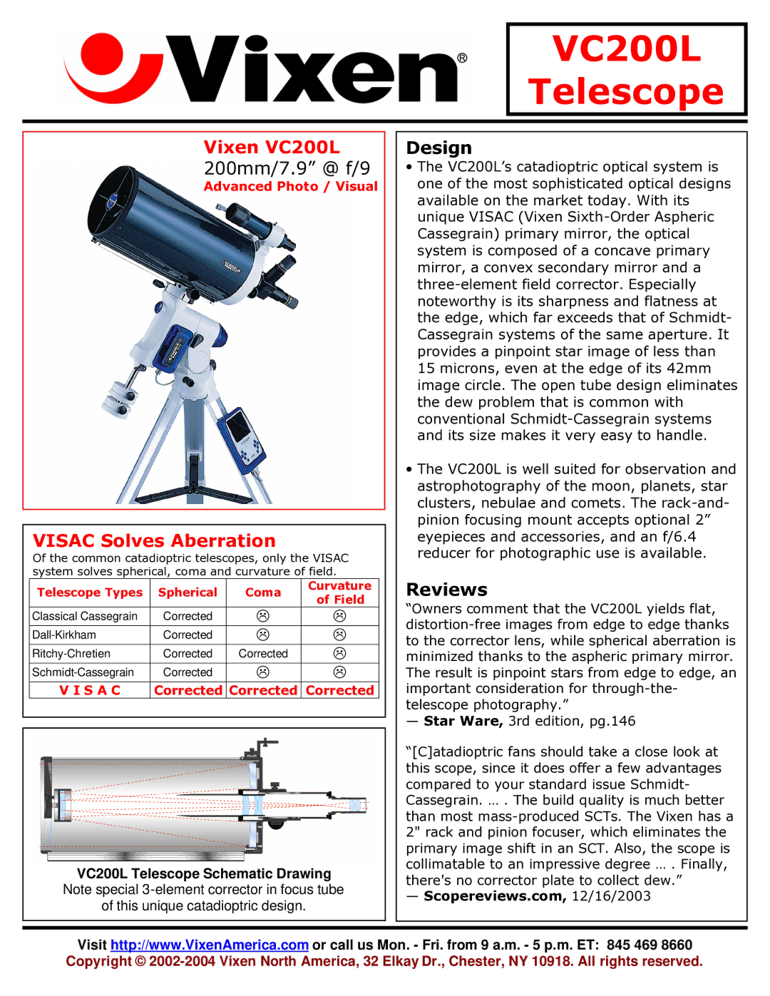 Vixen manual VC200L Telescope, Vixen VC200L, Visac Solves Aberration, Design, Reviews 