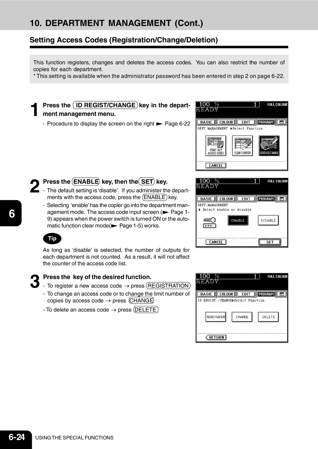 Vizio 210C Department Management, Setting Access Codes Registration/Change/Deletion, Press the key of the desired function 