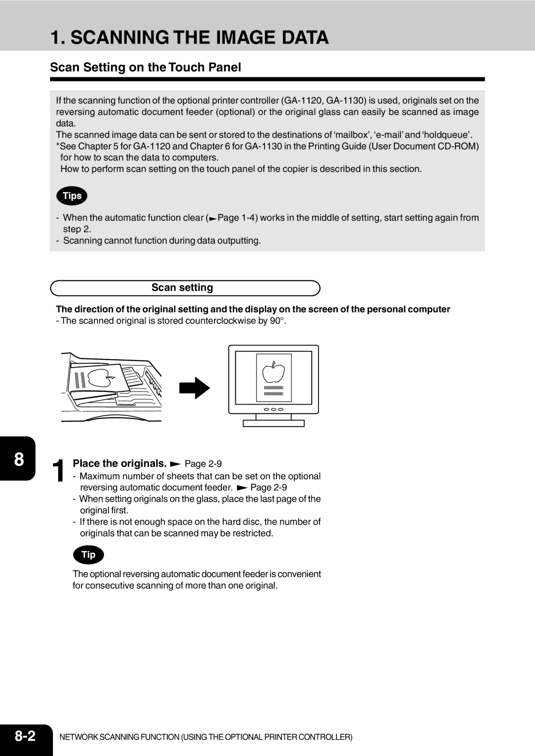 Vizio 210C manual Scanning the Image Data, Scan Setting on the Touch Panel, Scan setting 