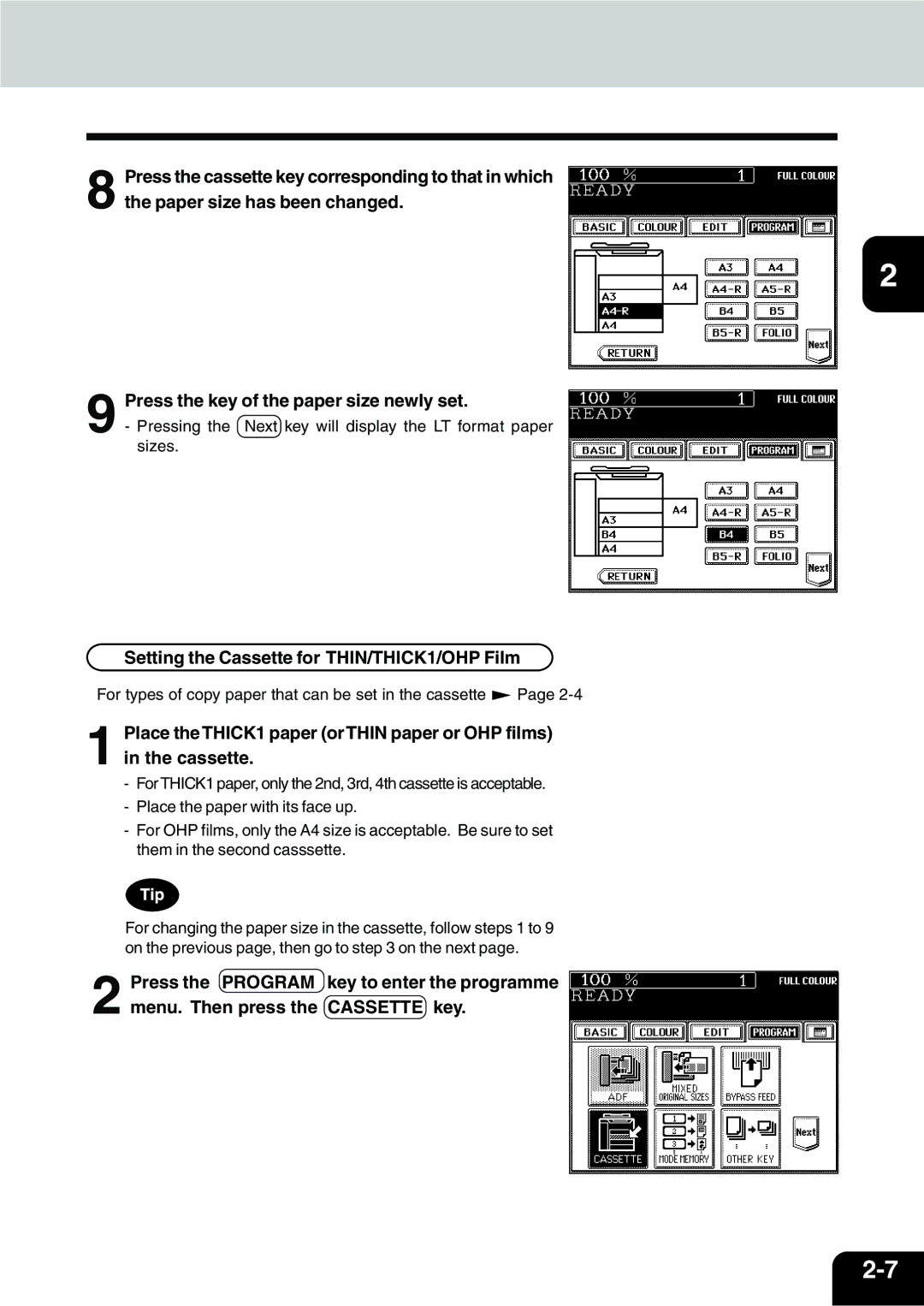 Vizio 210C manual Setting the Cassette for THIN/THICK1/OHP Film 