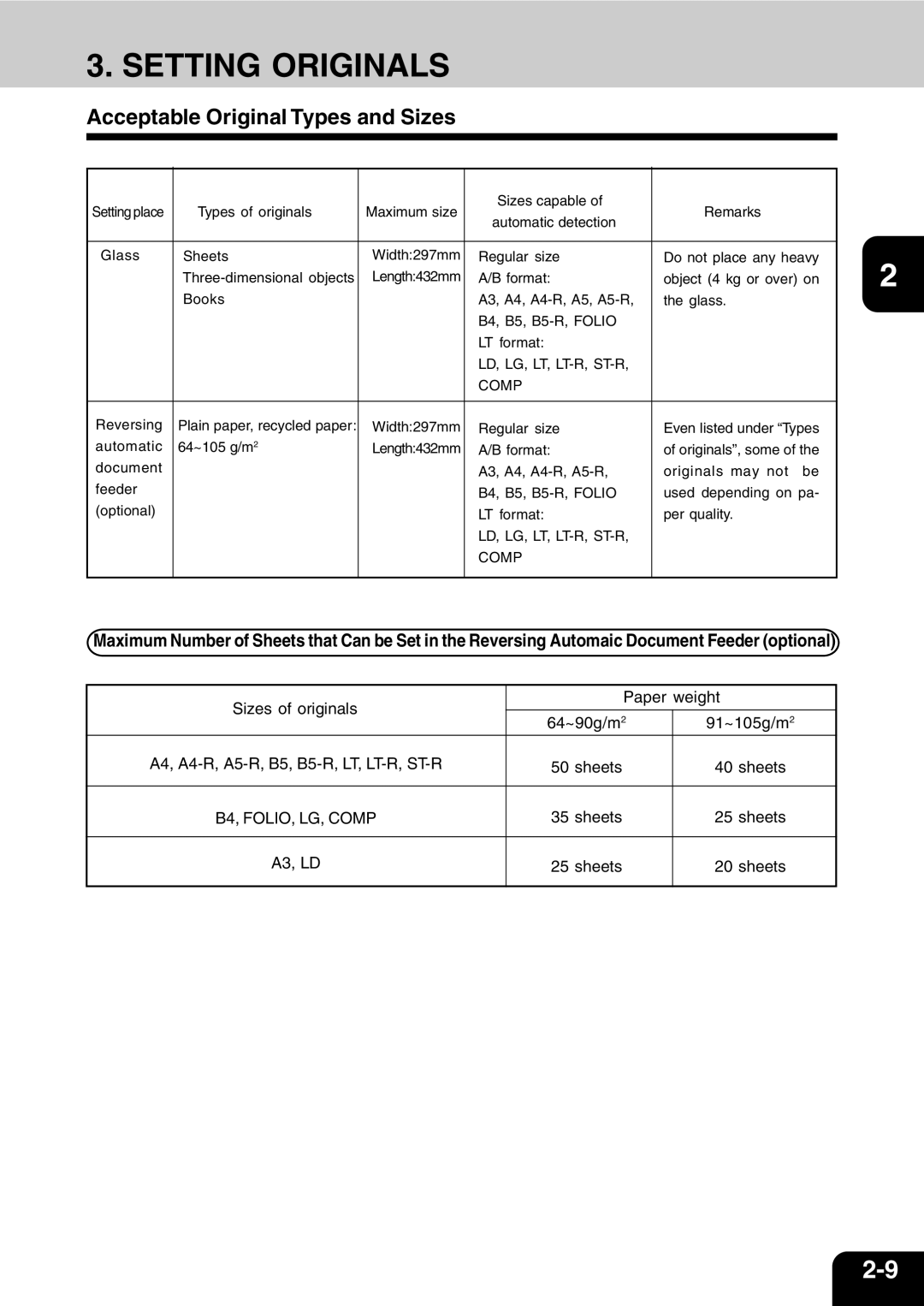 Vizio 210C manual Setting Originals, Acceptable Original Types and Sizes 