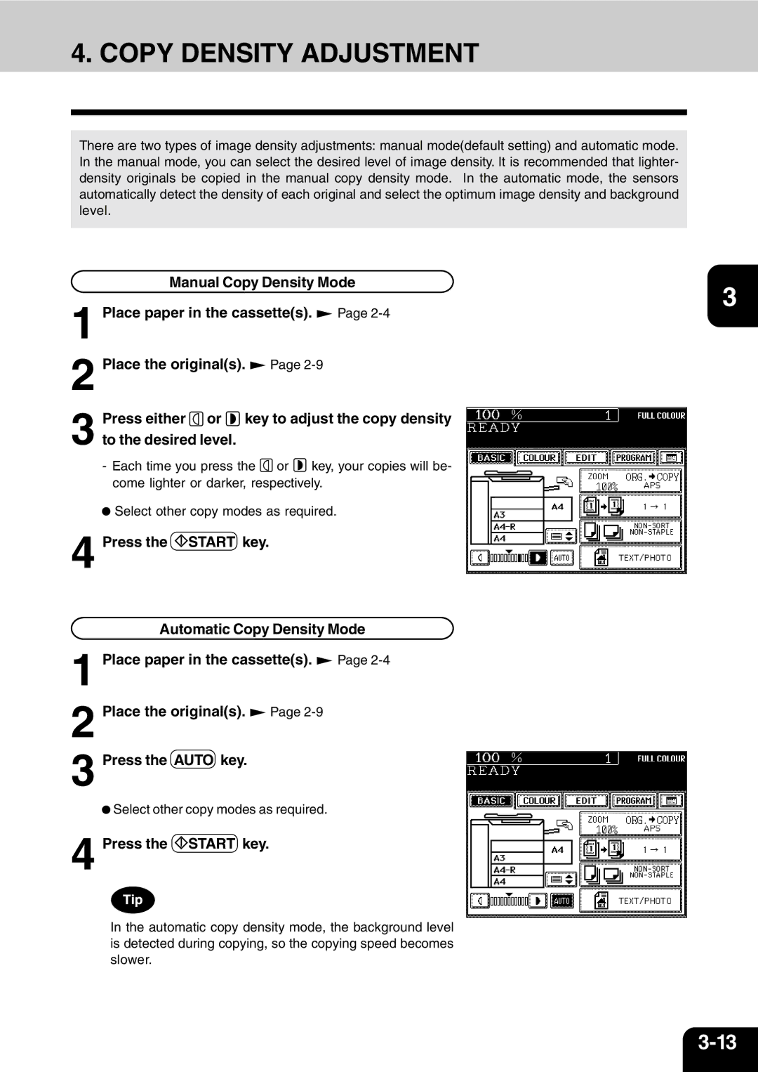 Vizio 210C manual Copy Density Adjustment, Press the Start key 