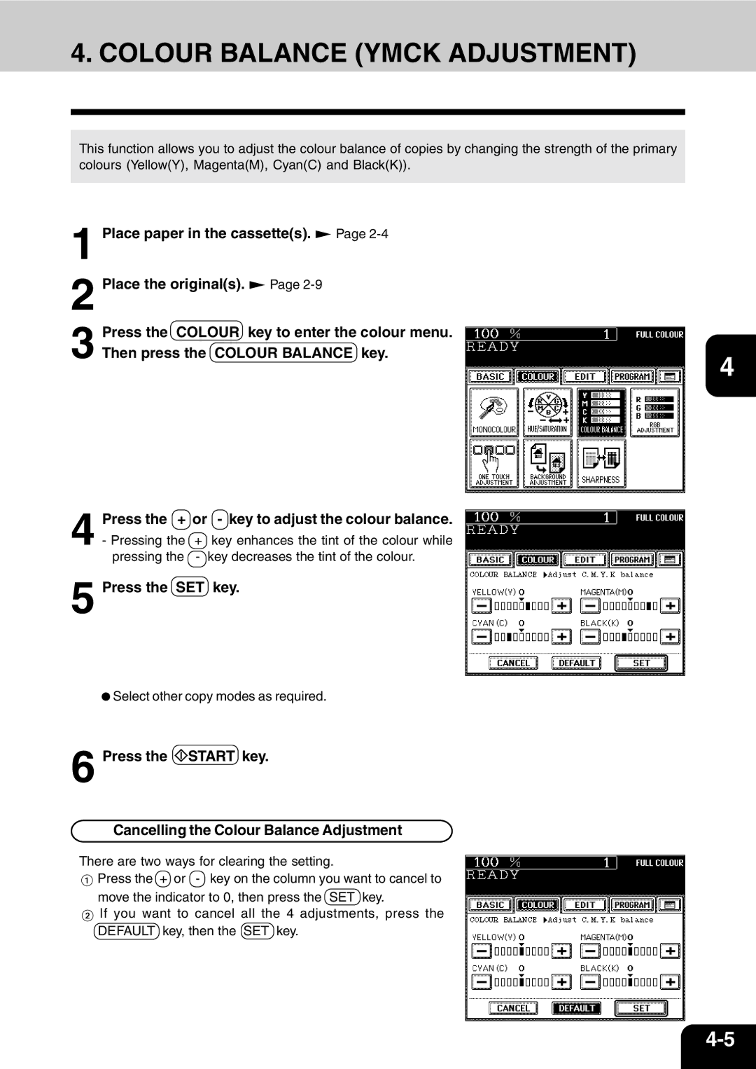 Vizio 210C manual Colour Balance Ymck Adjustment, Press the Start key Cancelling the Colour Balance Adjustment 