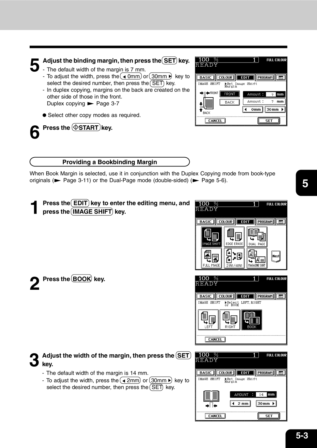 Vizio 210C manual Press the Start key Providing a Bookbinding Margin, Adjust the binding margin, then press the SET key 