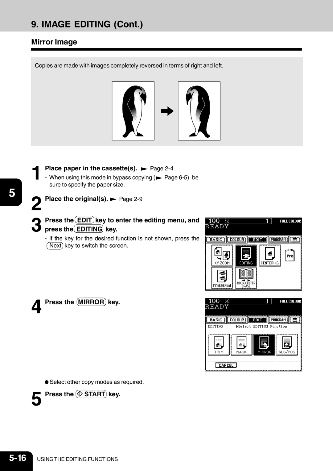 Vizio 210C manual Image Editing, Mirror Image, Press the Mirror key 