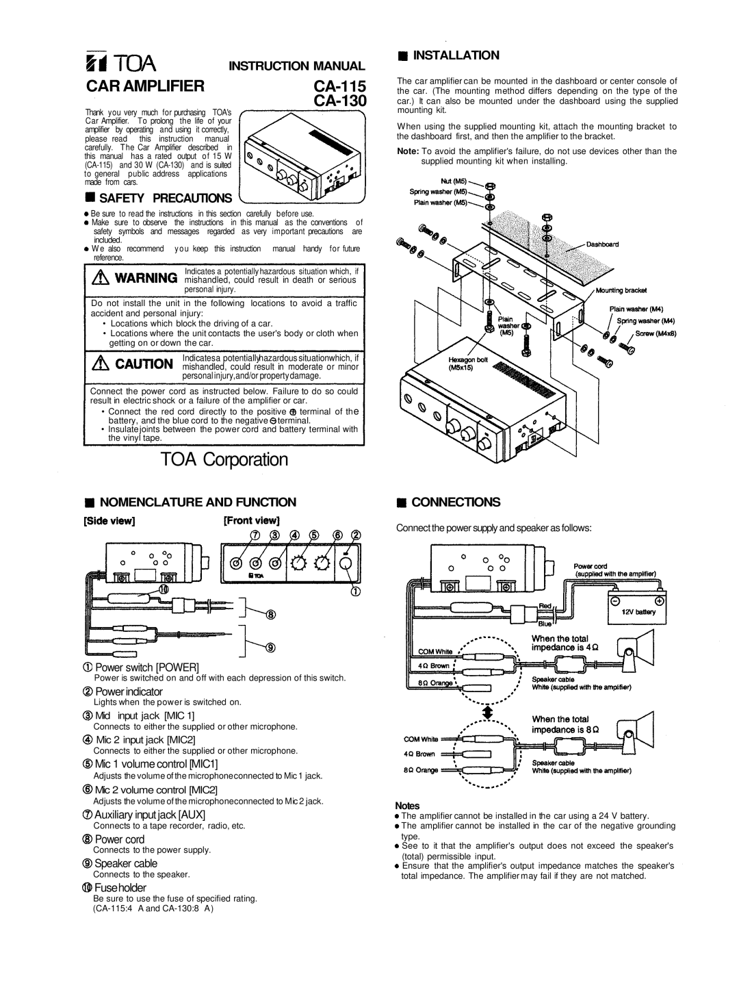 Vizio CA-115 instruction manual Safety Precautions, Nomenclature and Function, Installation, Connections 