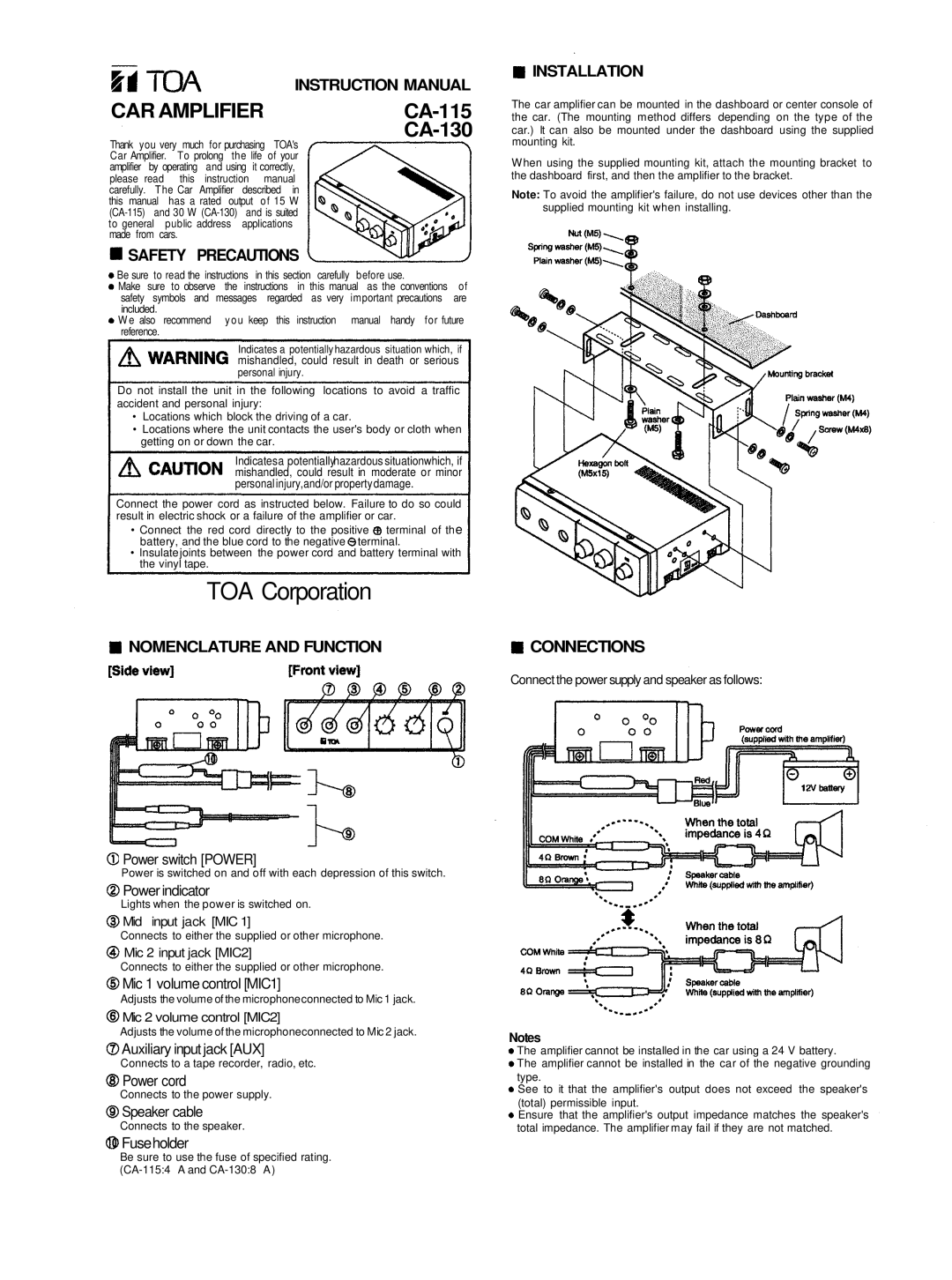 Vizio CA-115 instruction manual Instruction Manual, Safety Precautions, Nomenclature And Function, Installation 