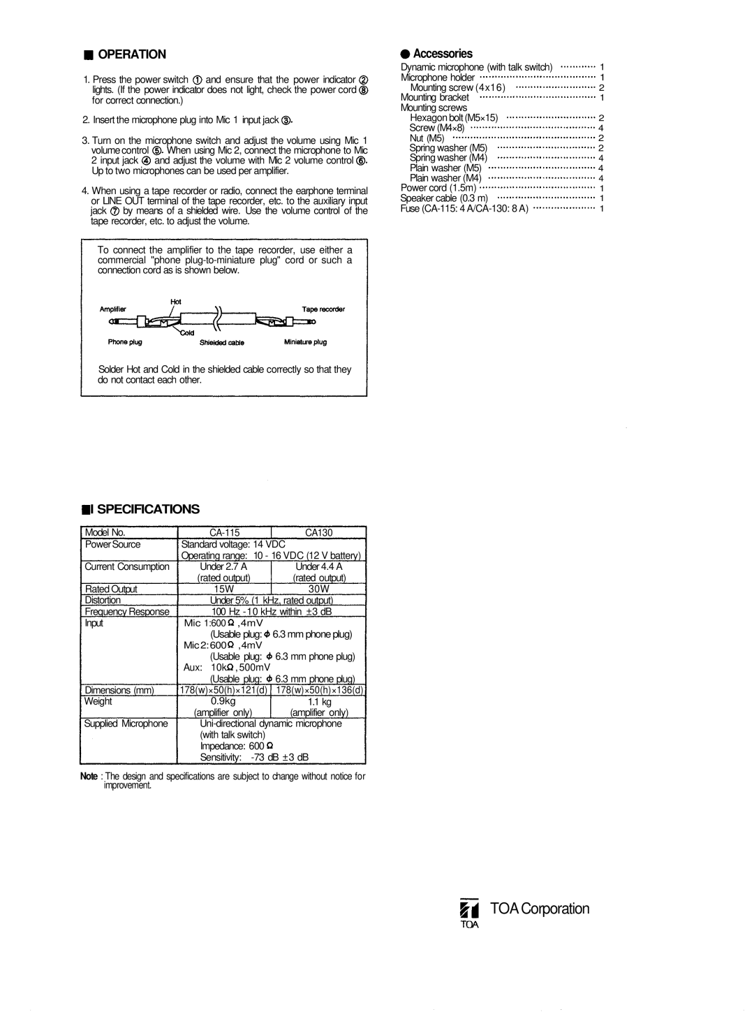 Vizio CA-115 instruction manual Operation, Accessories, I Specifications, TOA Corporation 