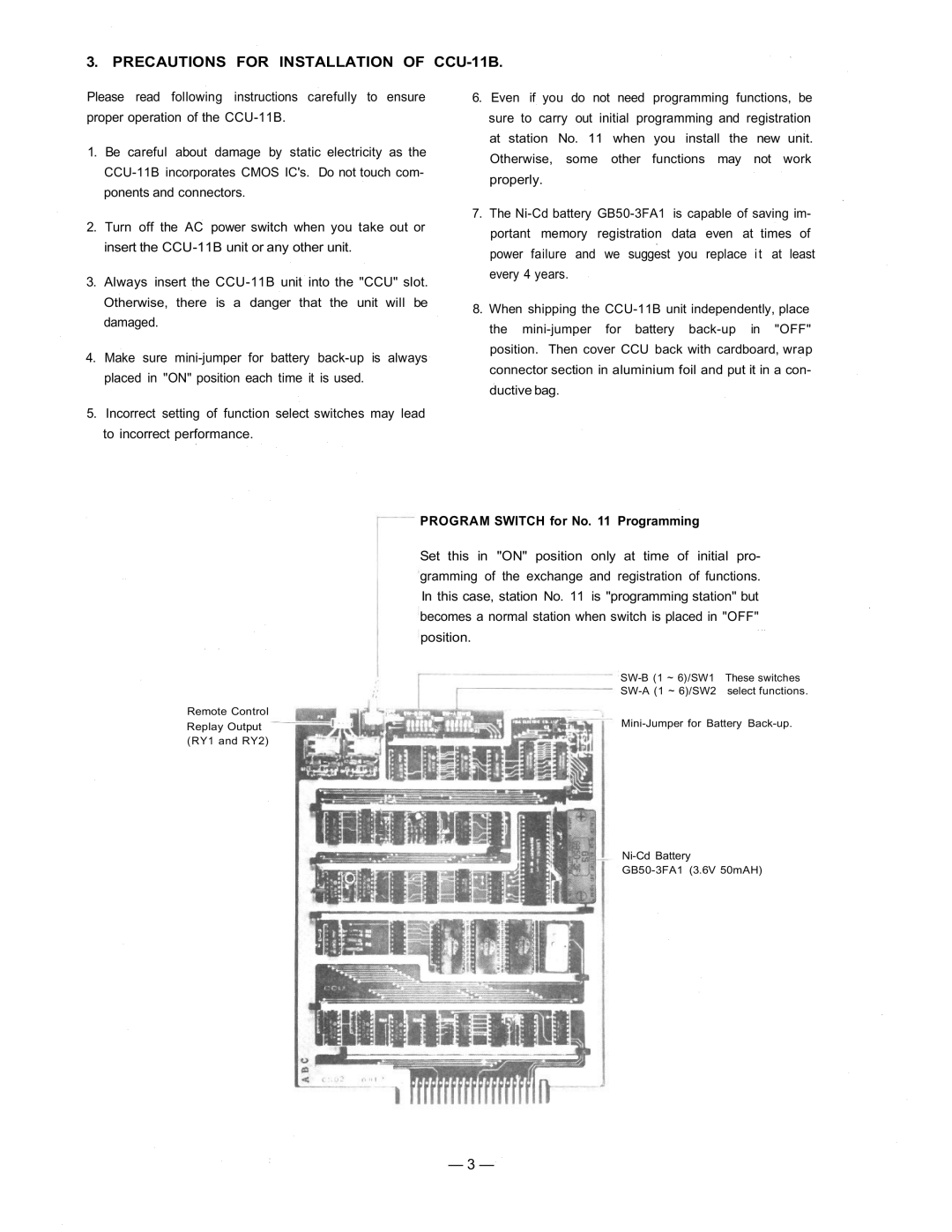 Vizio manual PRECAUTIONS FOR INSTALLATION OF CCU-11B, PROGRAM SWITCH for No. 11 Programming 