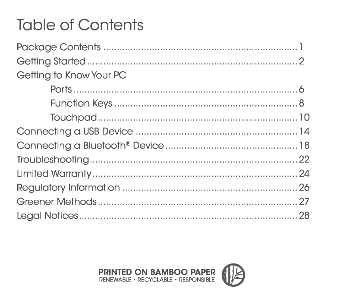 Vizio CT14-A0 quick start Table of Contents, Package Contents, Getting to Know Your PC, Ports, Function Keys, Touchpad 