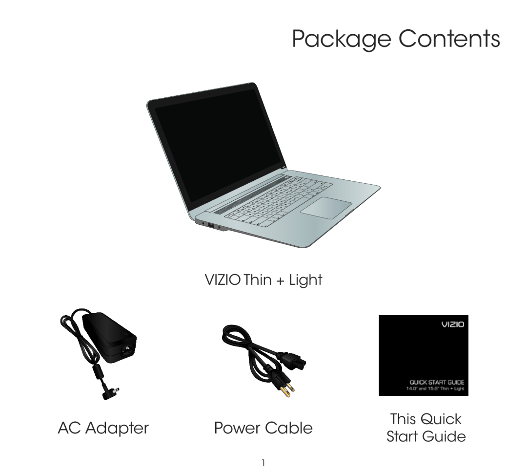 Vizio CT14-A0 quick start Package Contents, AC Adapter, Power Cable, VIZIO Thin + Light, This Quick, Start Guide 