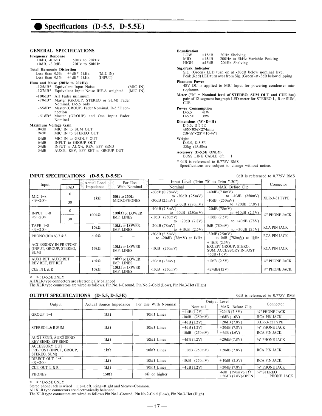 Vizio instruction manual Specifications D-5.5, D-5.5E 