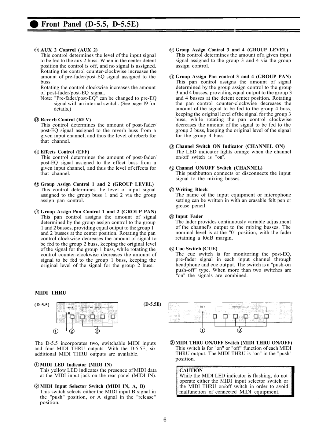 Vizio instruction manual Front Panel D-5.5, D-5.5E, Midi Thru 