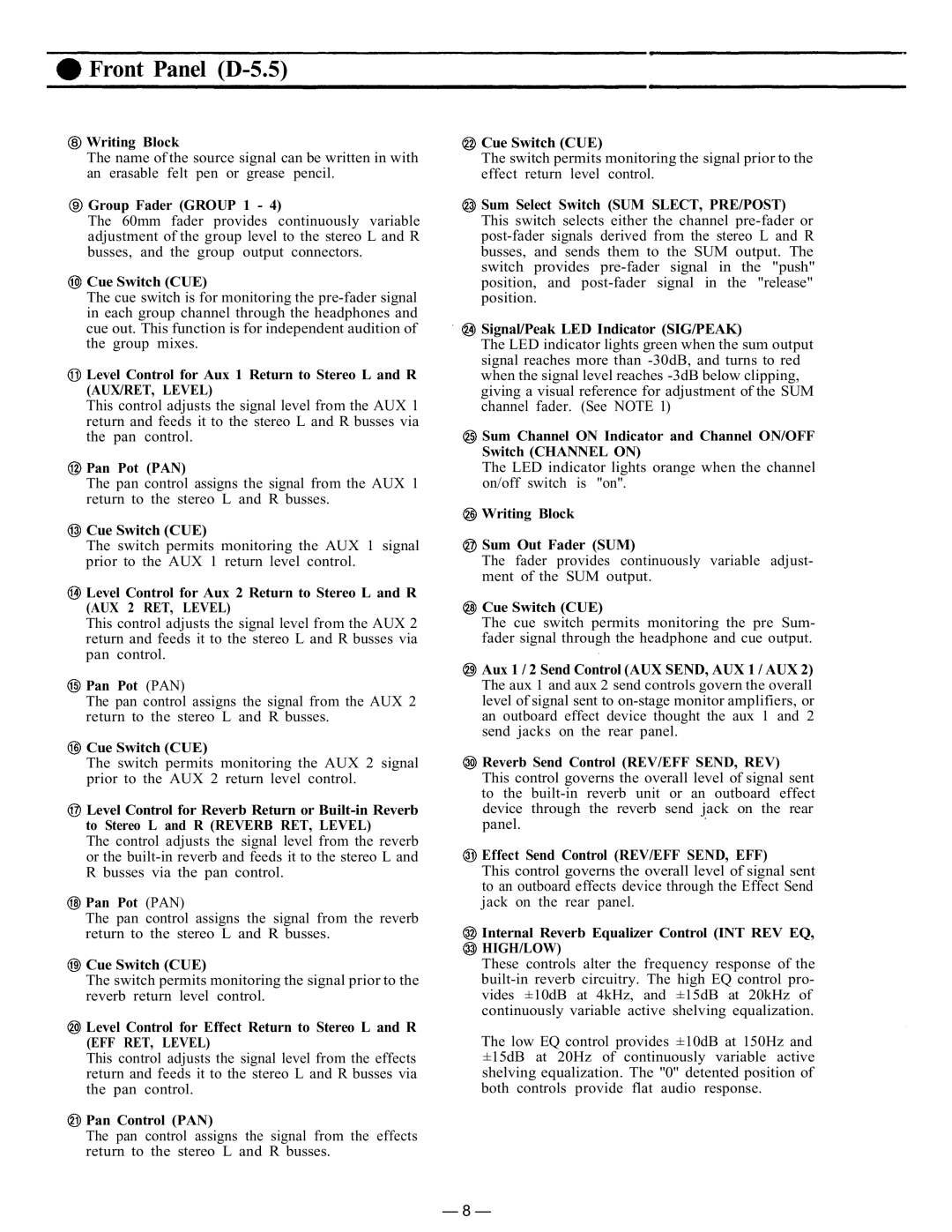 Vizio D-5.5E instruction manual Group Fader Group 1, Level Control for Effect Return to Stereo L and R, Pan Control PAN 