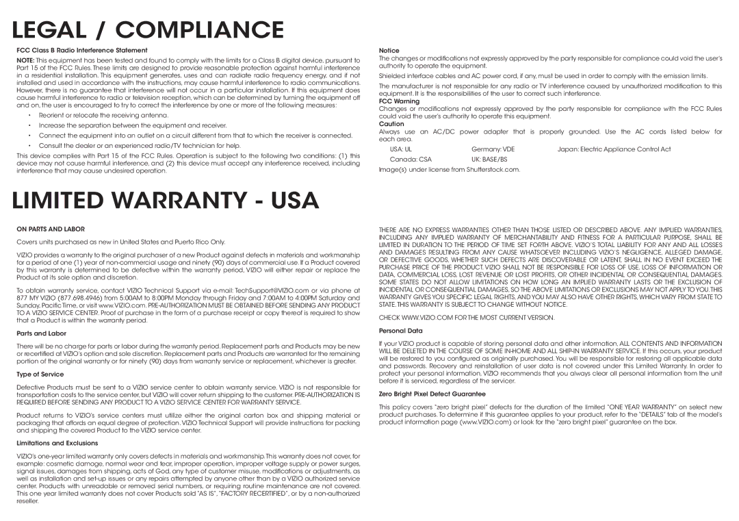 Vizio D320-B1 manual Legal / Compliance, Limited Warranty USA 