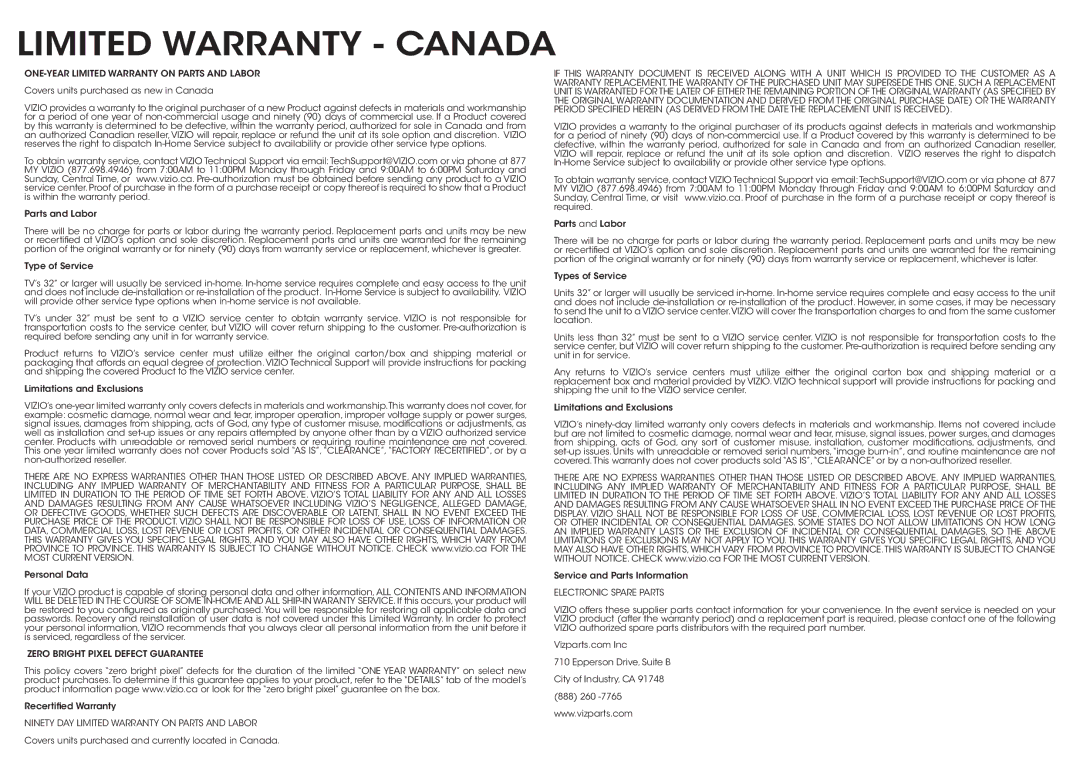 Vizio D320-B1 manual Limited Warranty Canada, ONE-YEAR Limited Warranty on Parts and Labor 