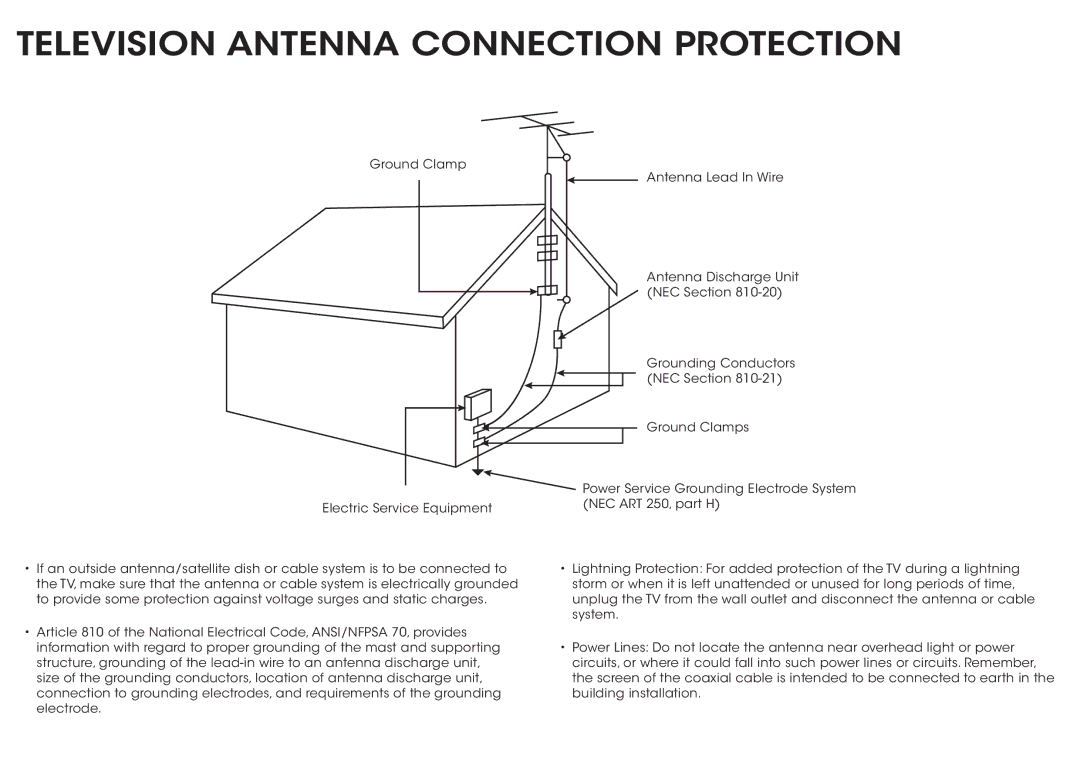 Vizio D320-B1 manual Television Antenna Connection Protection 