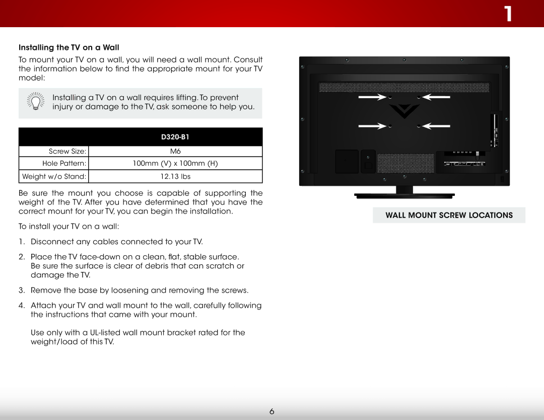 Vizio D320-B1 user manual Wall Mount Screw Locations 