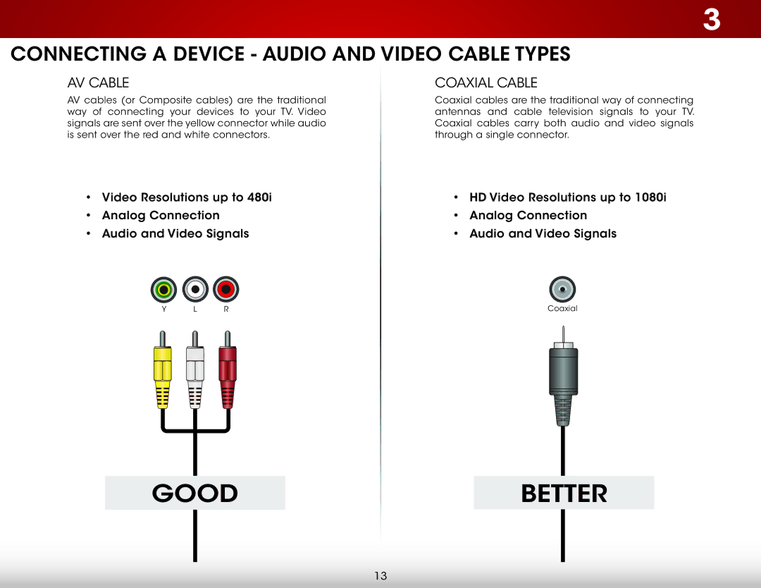 Vizio D320-B1 user manual Connecting a Device Audio and Video Cable Types, AV Cable Coaxial Cable 