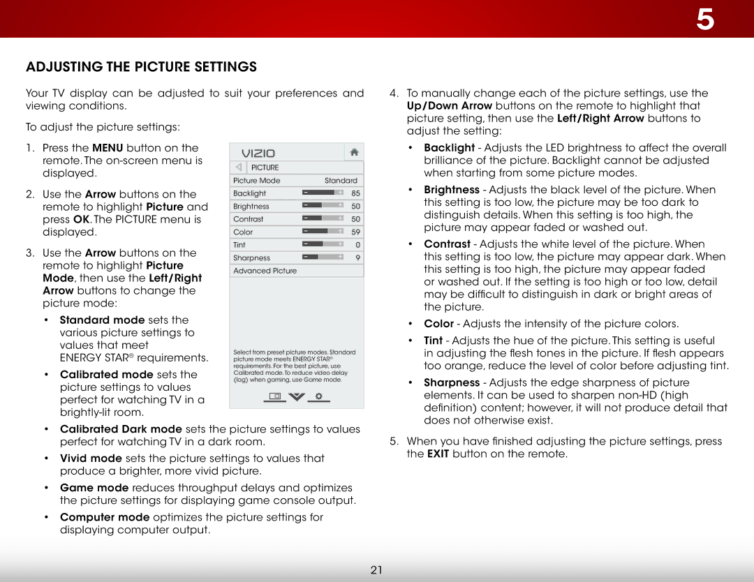 Vizio D320-B1 user manual Adjusting the Picture Settings, Vizio 