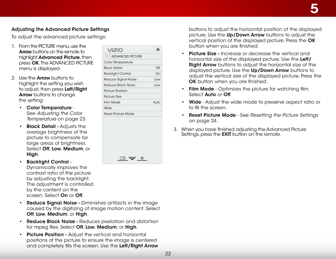 Vizio D320-B1 user manual Reset Picture Mode See Resetting the Picture Settings on 