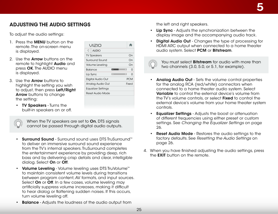 Vizio D320-B1 user manual Adjusting the Audio Settings, Factory defaults. See Resetting the Audio Settings on 