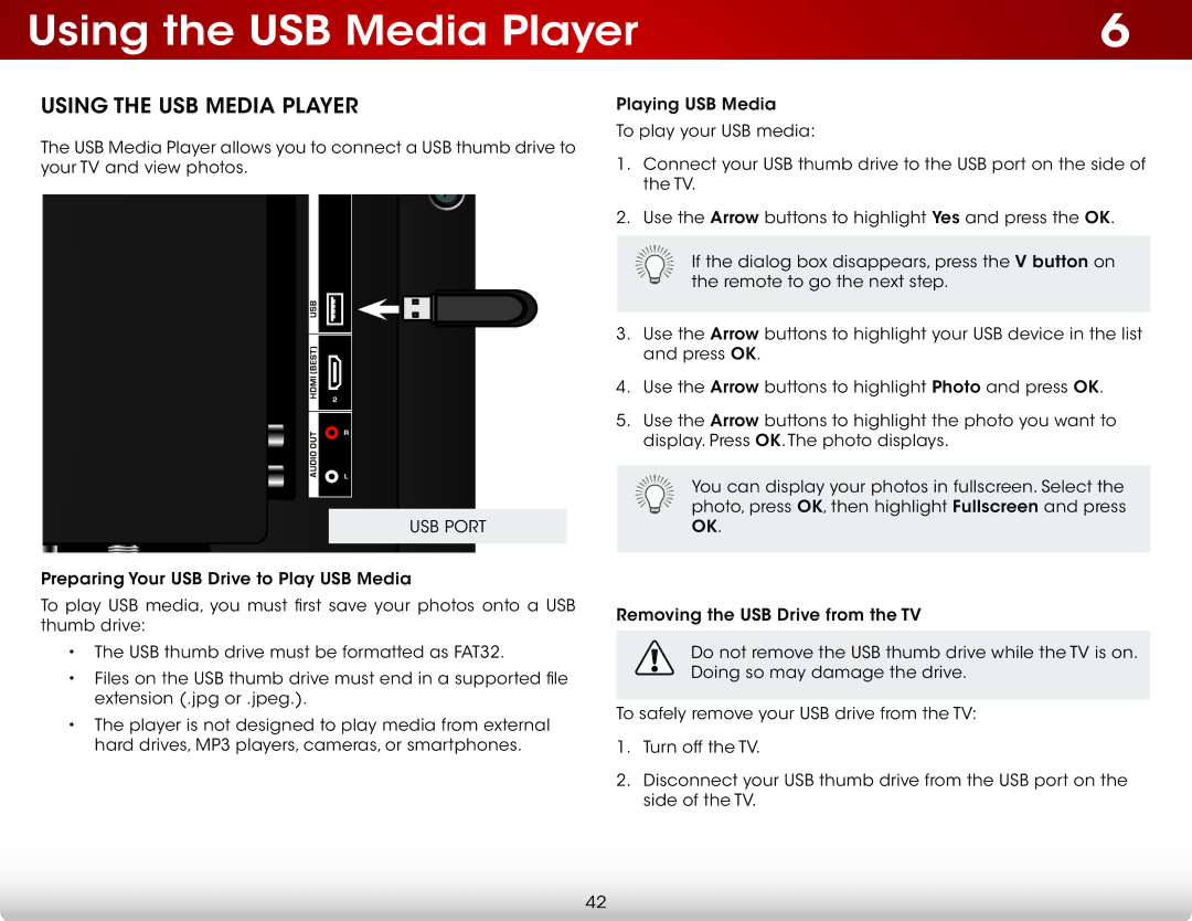 Vizio D320-B1 user manual Using the USB Media Player 