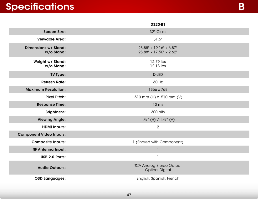 Vizio D320-B1 user manual Specifications 