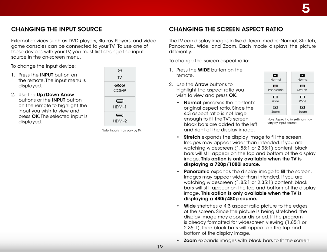 Vizio D390-B0 user manual Changing the Input Source, Changing the Screen Aspect Ratio 