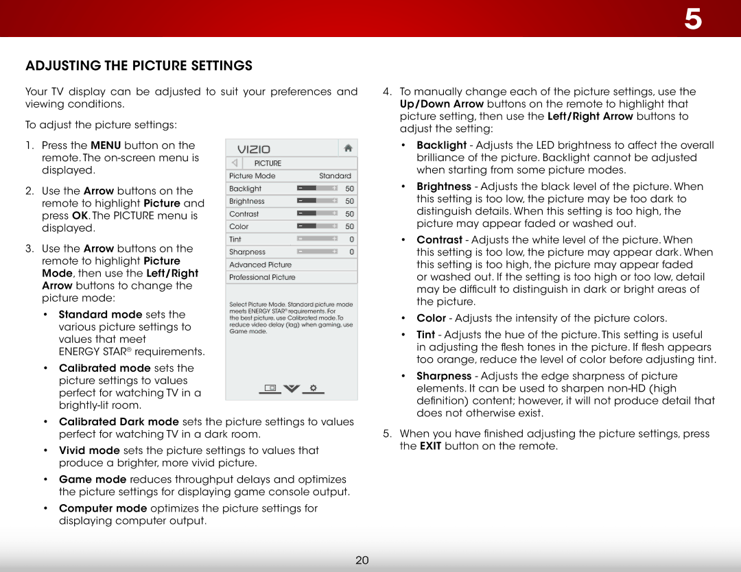 Vizio D390-B0 user manual Adjusting the Picture Settings, Vizio 