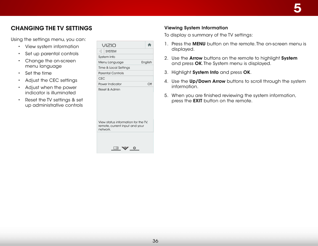 Vizio D390-B0 user manual Changing the TV Settings, Cec 