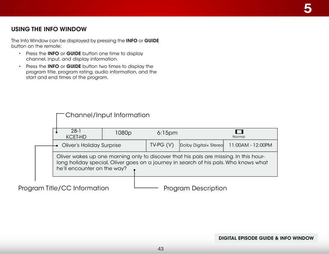 Vizio D390-B0 user manual Channel/Input Information, Using the Info Window 