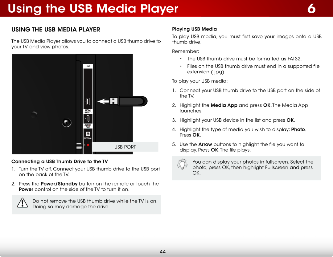 Vizio D390-B0 user manual Using the USB Media Player 